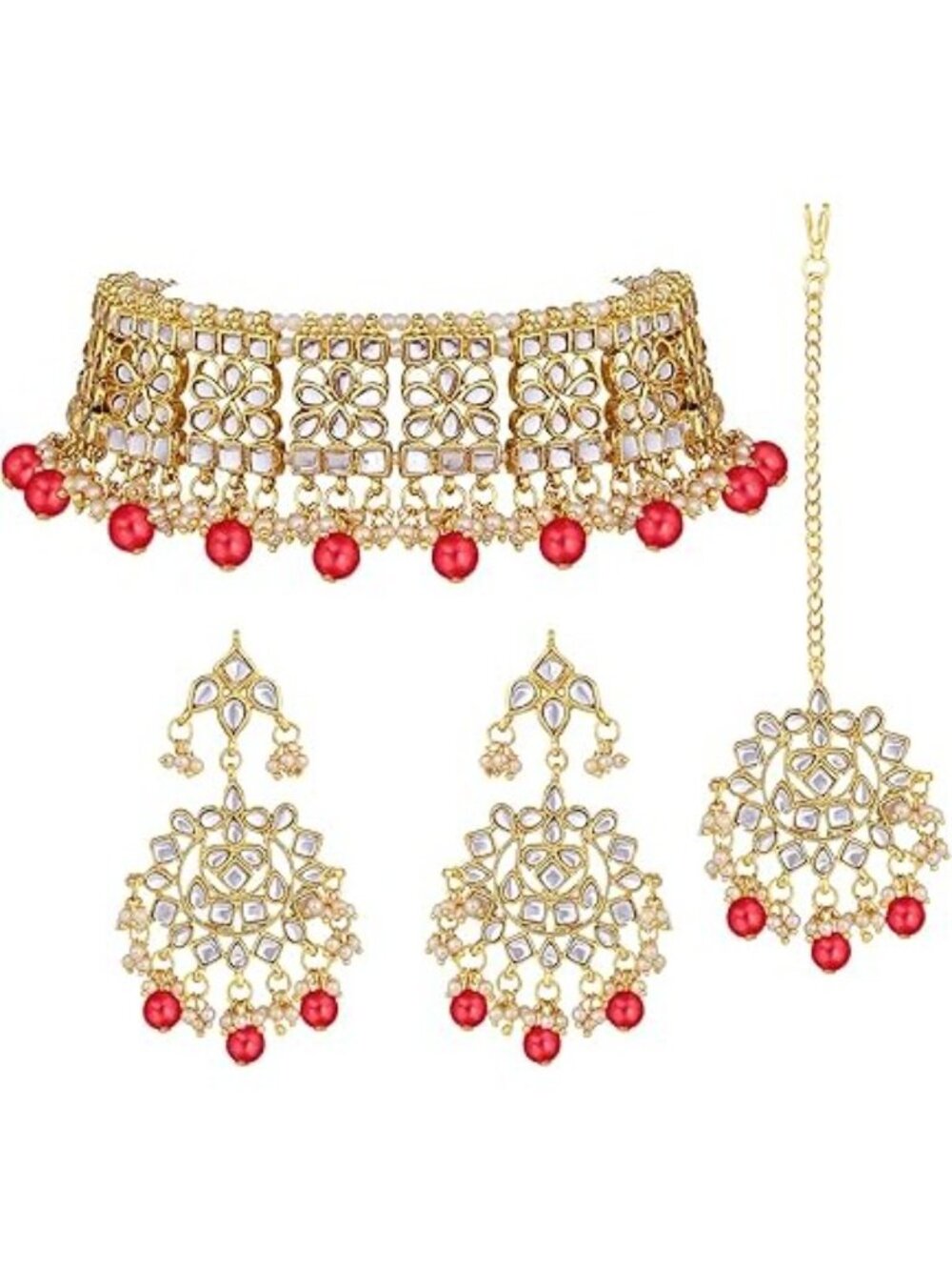 Aheli Kundan Choker Necklace Earrings Maang Tikka Set Bollywood Ethnic Jewelry